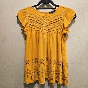 American Eagle Mustard Yellow Flutter Sleeve Eyelet Crochet Boho Top Blouse S